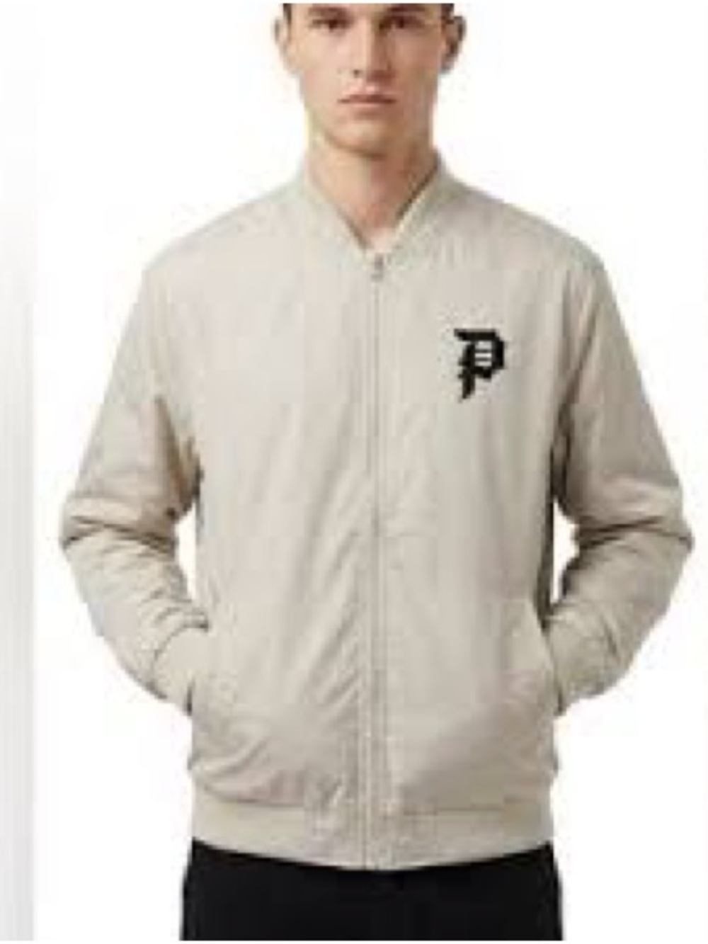 Primitive Skateboarding Men 2XL Beige Tan Bomber Jacket Embroidered P Logo Flaw⁠